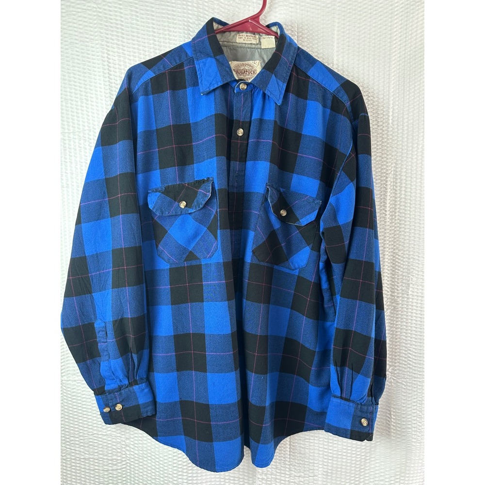 Vintage Dry Goods Saugatuck Plaid‎ Flannel Shirt Men's L Blue Black Check Button